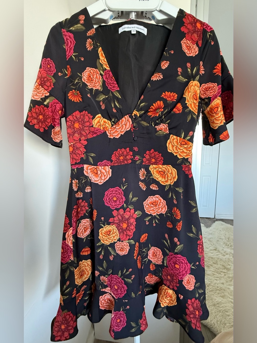 cupcakes & cashmere Black Floral V-Neck A-Line Dress with Orange & Pink Blooms